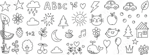 Cute collection of simple hand-drawn doodle icons, perfect for children's designs, featuring various nature elements, common objects, and playful learning symbols in a charming sketch style