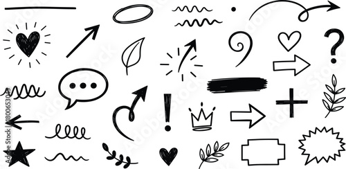 Dynamic assortment of playful sketch icons and graphic accents, perfect for adding a whimsical or emphatic flourish to digital content and printed materials, enhancing visual communication