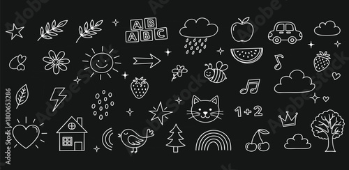 Whimsical hand-drawn doodle icons collection for kids design projects, featuring nature, education, and everyday objects on a dark background, perfect for creative graphics
