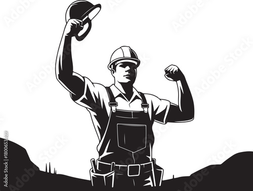 Strong construction worker celebrates job well done