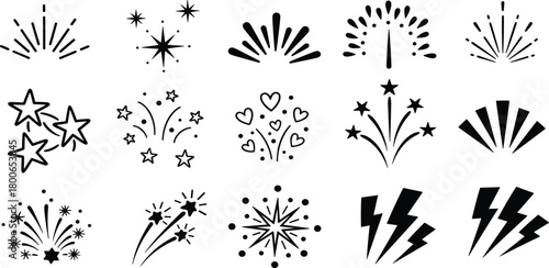 Diverse vector icon set featuring stylized firework bursts, glittering stars, and dynamic lightning bolts, ideal for adding an energetic and celebratory flair to modern design projects
