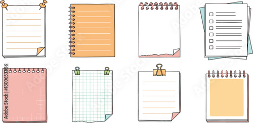 A versatile collection of colorful illustrated notepad sheets, including checklists, grids, and lined paper for organization and planning
