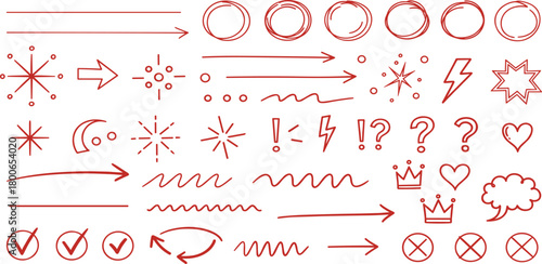 Collection of red hand-drawn graphic elements including arrows, stars, question marks, and circles on a white background