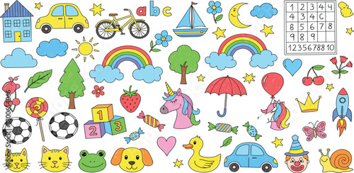 Whimsical collection of colorful cartoon elements for children's designs, featuring toys, animals, vehicles, and fantasy creatures