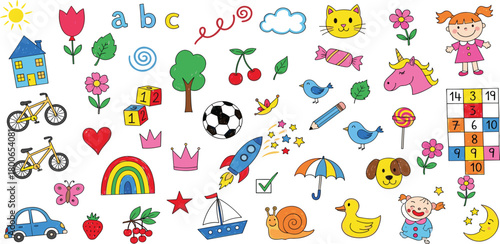 A vibrant collection of colorful hand-drawn doodles representing childhood imagination and learning