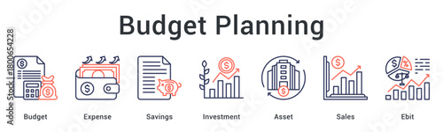 Budget planning allocating expenses and savings toward investments and assets tracking sales and operational earnings.