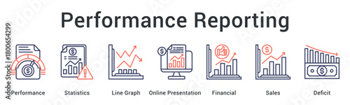 Performance reporting displaying statistics and graphs in online presentations showing financial sales and deficit analysis.