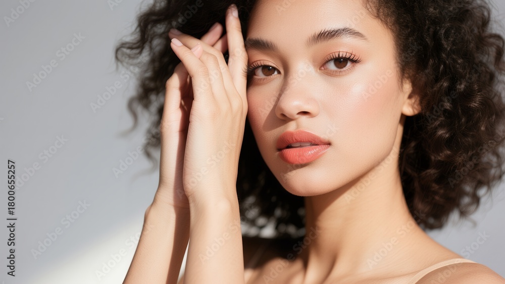 Obraz premium Black Woman with Hand Near Face in Natural Light