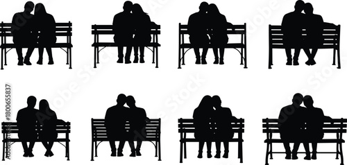 Couple silhouette, bench pose, romantic gesture, love expression, emotional bond, black figures, intimacy moment, relationship concept, peaceful design, vector art