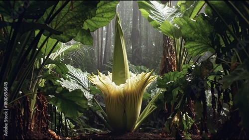 Sunlight Illuminates a Rare Giant Titan Arum Flower in the Jungle.