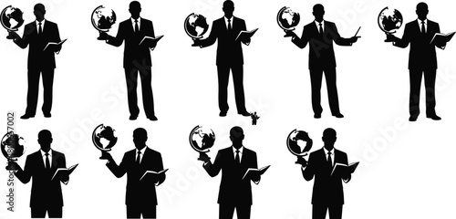 Businessman silhouette, globe and book, global education, corporate knowledge, international concept, vector design, leadership pose, black figure, teaching theme