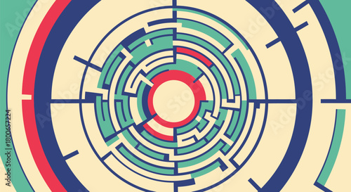 Colorful circular maze illustration with retro color palette and abstract design elements