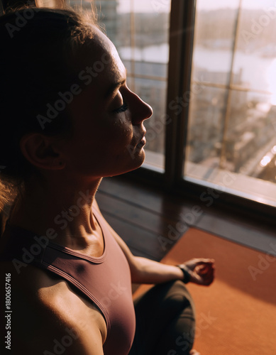 Sunset meditation practice, woman sitting in calm reflection, mindful wellness moment