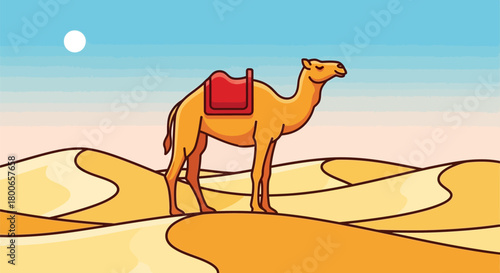 Cartoon camel standing peacefully in a vast desert landscape under the sunlit sky displaying