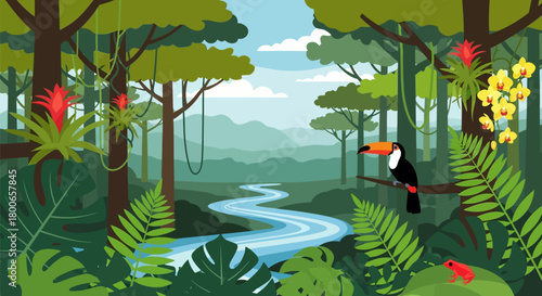 Lush Jungle Landscape Illustration with Toucan, River, and Exotic Flora for Children