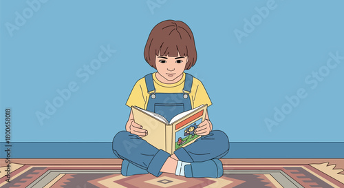 Charming illustration of a young girl engrossed in reading a storybook while sitting cross legged