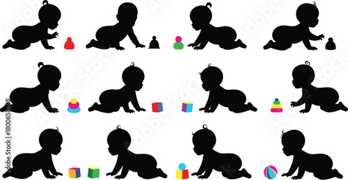 Silhouette, crawling, baby, toy, playtime, infant, development, motor skills, toddler, interaction, learning, pose, childhood, colorful, blocks, rings, ball, movement, early, education