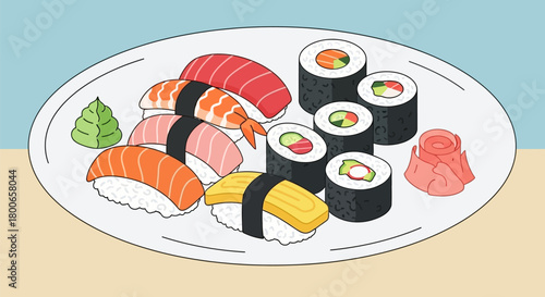 Vibrant Sushi Plate Illustration Showcasing Various Rolls and Nigiri Preparations for Food Concept