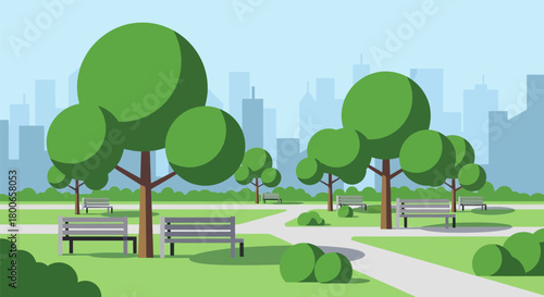 Serene City Park Landscape with Benches, Trees, and Skyline in Soft Light Colors