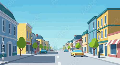 Stylized cartoon illustration showcasing a colorful main street on a sunny day