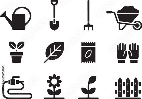 Gardening essentials icons for planting and growth projects