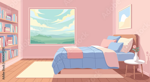 Stylized bedroom interior with soft colors and a view of a calming landscape through a window