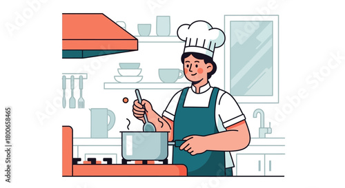 Chef preparing meal in a kitchen, illustration with modern graphic style and character design for