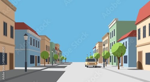 Stylized cartoon city street with colorful buildings, trees and a car illustration