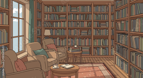 Cozy library interior with armchairs books and warm light for relaxing reading moments
