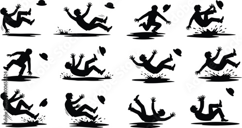 Silhouette, person, slipping, falling, wet floor, accident, hazard, safety, warning, motion, balance, stumble, danger, injury, splash, emergency, risk, loss, control, illustration