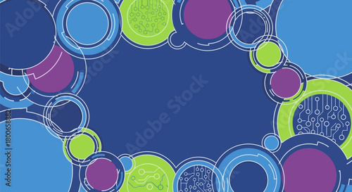 Abstract technology background with colorful circles and microchip patterns design illustration