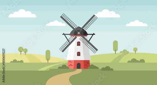 Charming countryside scenery illustration with a traditional windmill landscape vector art