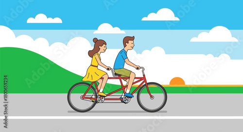 Cartoon illustration of a couple riding a tandem bike through a scenic landscape with clouds and