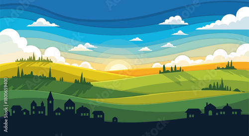 Stylized landscape vector illustration with rolling hills and vibrant sky, a perfect wallpaper