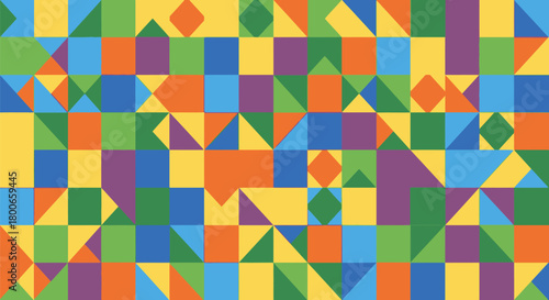 Vibrant geometric mosaic seamless pattern featuring colorful squares triangles and diamonds