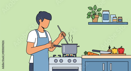 Person cooking soup at home with fresh vegetables in a clean kitchen scene
