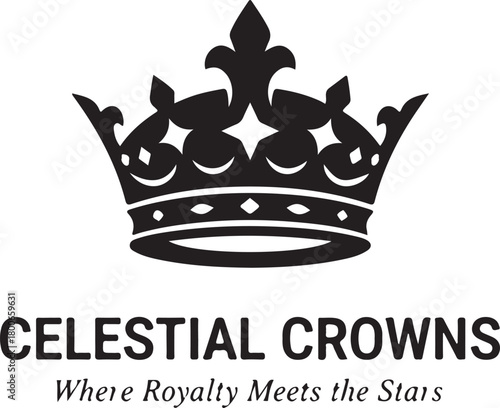 Celestial Crowns Logo with Elegant Black Crown Symbolizing Royalty, Stars, and Luxury Branding Identity.