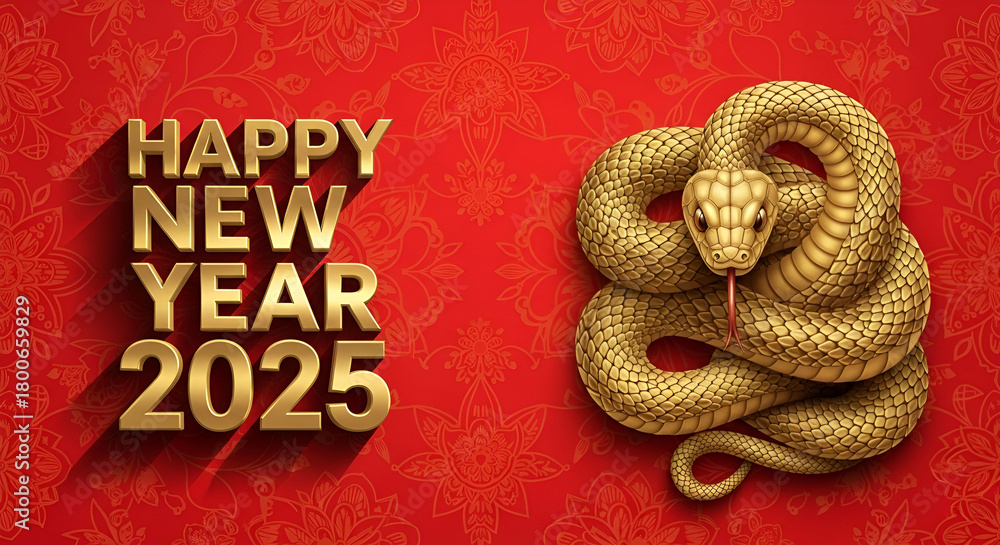 Obraz premium A golden snake on a red, ornamented background with 