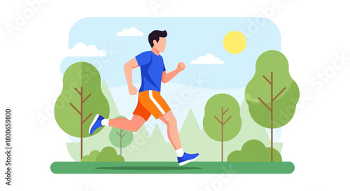 Flat vector illustration of a man running in a park on a sunny day for health and fitness