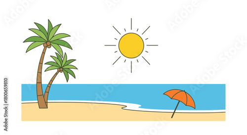 A sunny day at the beach illustration with palm trees and a beach umbrella perfect for summer