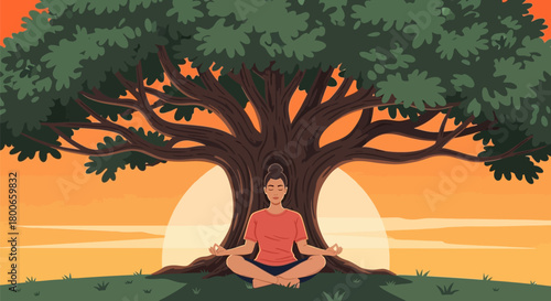 Woman practicing meditation under a big tree against a sunset sky illustration
