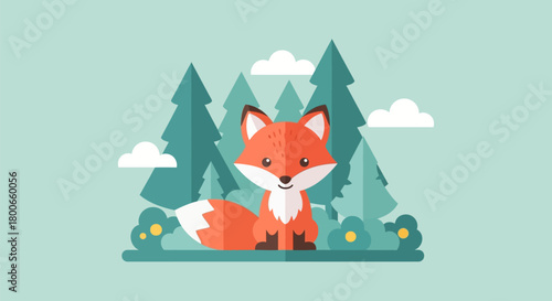 Cute Cartoon Fox Character in Forest Landscape Vector Illustration Flat Design