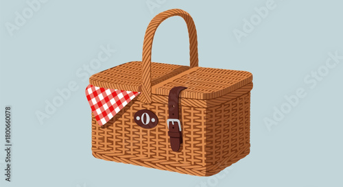 Charming woven picnic basket with classic red and white checkered napkin illustration