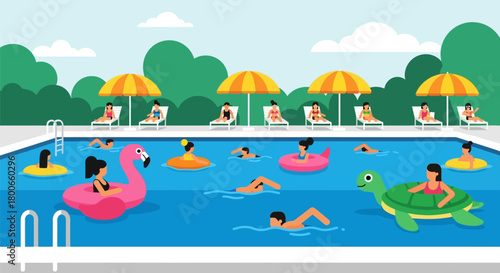 Vibrant pool party scene with people relaxing and swimming under sunny skies and umbrellas