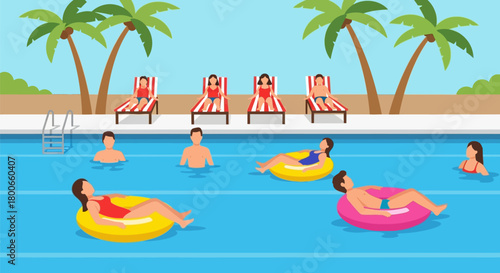 Vector illustration of people relaxing at swimming pool with palm trees and deck chairs displaying