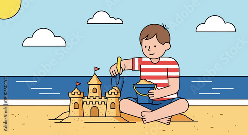 Boy building sandcastle on beach on a sunny day illustration summer vacation
