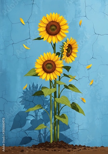 Sunflowers Growing Against Textured Wall with Falling Petals in Artistic Nature Scene