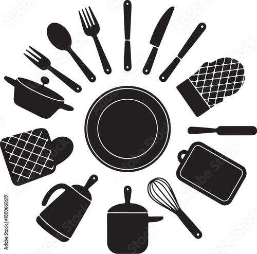 Kitchen essentials and tools arranged artistically for design