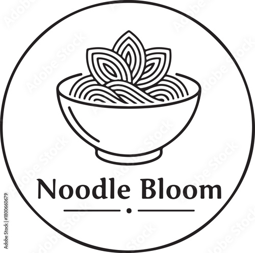 Elegant Noodle Bloom Logo featuring a Stylized Bowl of Asian Noodles with a Blooming Flower Design in Clean Line Art.