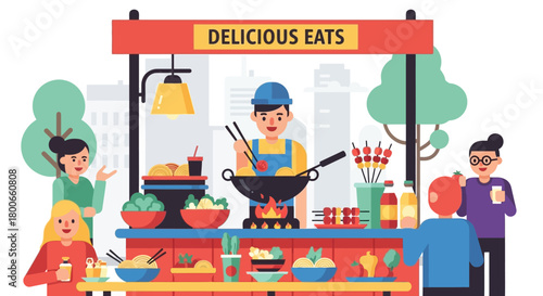 Vibrant Street Food Vendor Scene with Diverse Customers and Delicious Offerings